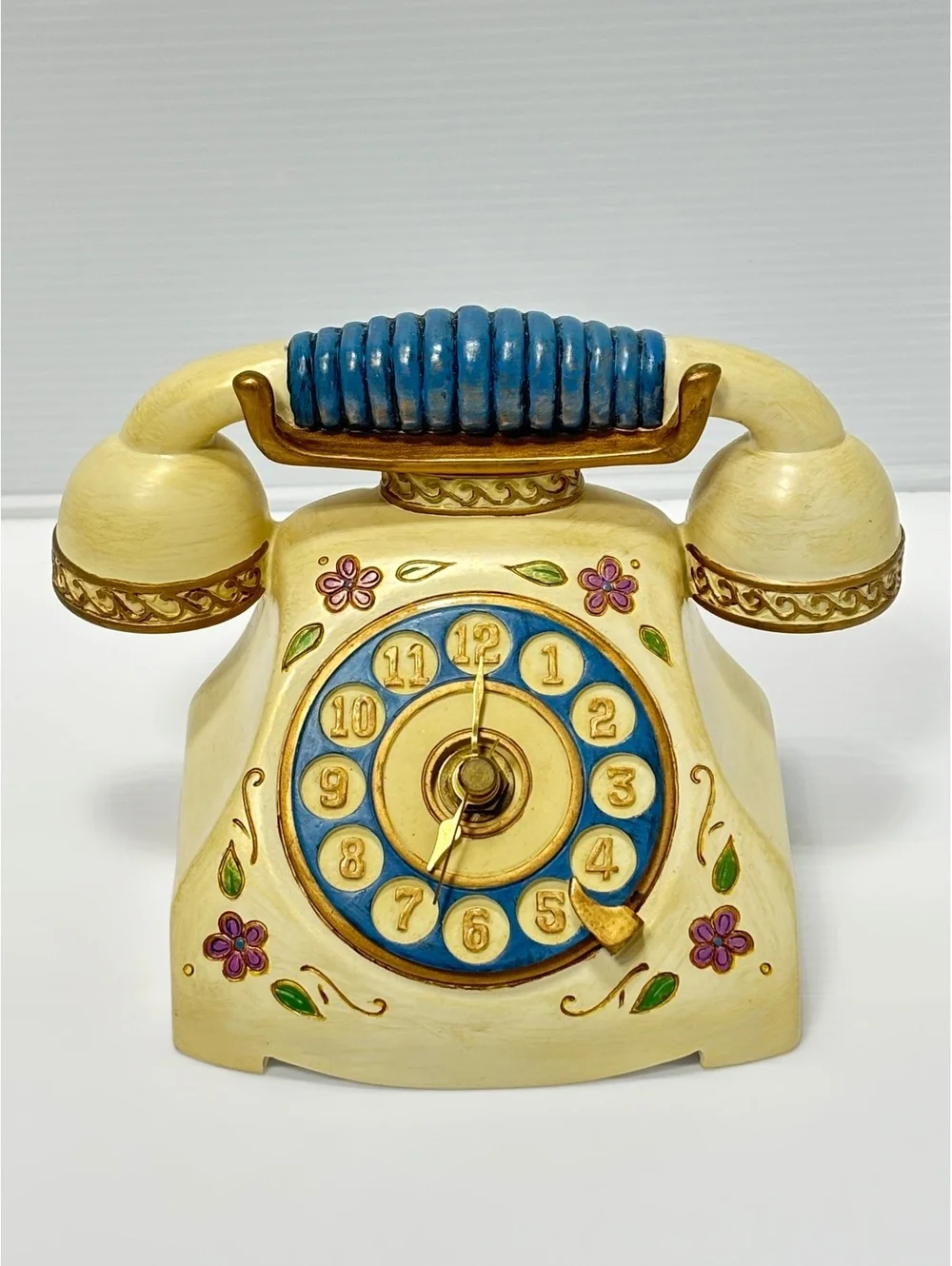 Clock Vintage Ceramic Rotary Phone Figurine with Floral Design and Blue Accents